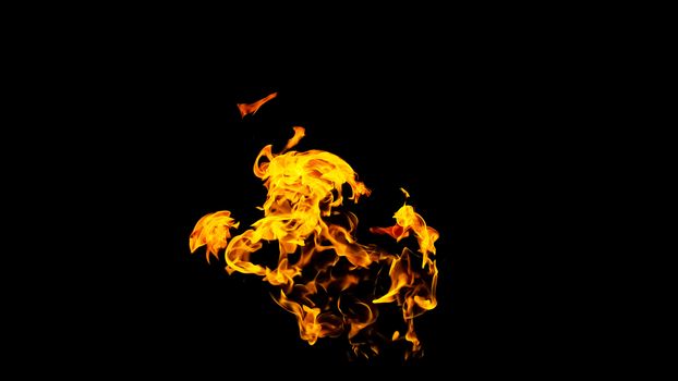 Fire flames on black background isolated. Burning gas or gasoline burns with fire and flames. Flaming burning sparks close-up, fire patterns. Infernal glow of fire in the dark with copy-space