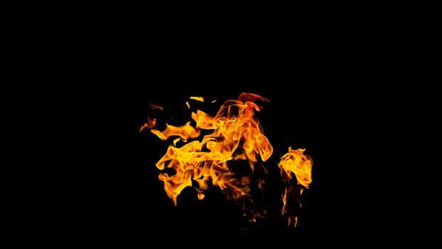 Fire flames on black background isolated. Burning gas or gasoline burns with fire and flames. Flaming burning sparks close-up, fire patterns. Infernal glow of fire in the dark with copy-space