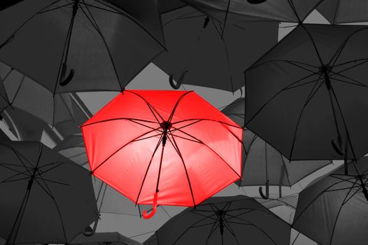 Red umbrella in black and white umbrellas, Different business concept