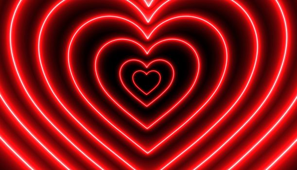 Red neon heart shape 3D Rendering  in Perspective Tunnel background