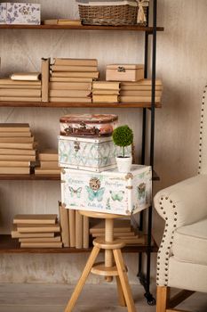 casket for needlework with flower, sewing in style interior