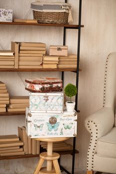 casket for needlework with flower, sewing in style interior