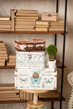 casket for needlework with flower, sewing in style interior