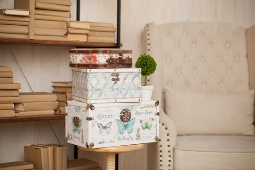 casket for needlework with flower, sewing in style interior