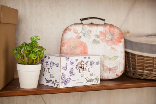 casket for needlework with flower, sewing in style interior