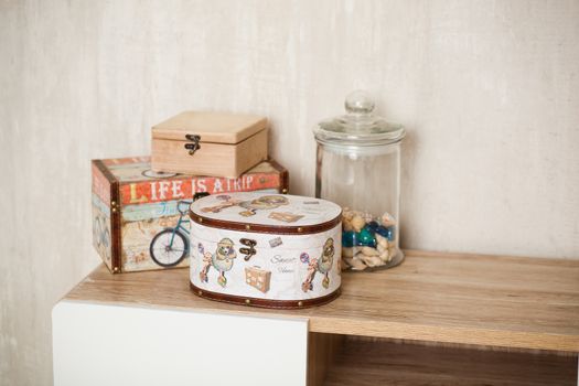 casket for needlework with flower, sewing in style interior