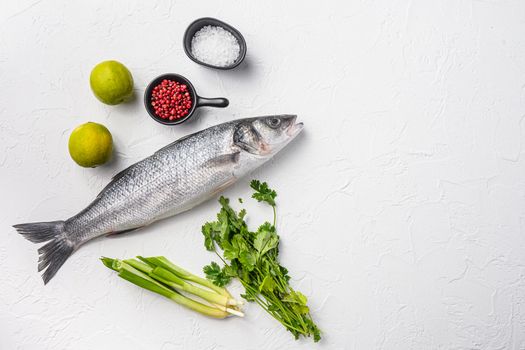 Sea bass with spices and herbs ingredients on chopping board over white textured background top view space for text