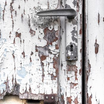 Piece of old door, peeling white paint, broken door, old door handle.