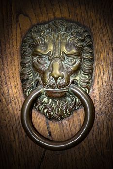 Lion shaped door knocker, on vintage background.