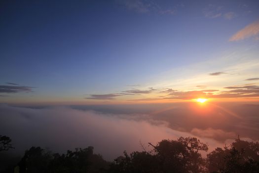 The atmosphere of the morning sunrise with fog