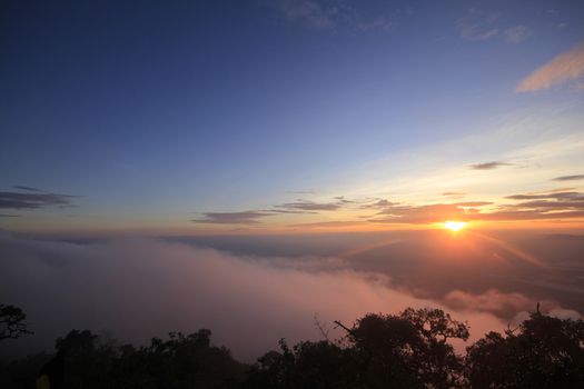 The atmosphere of the morning sunrise with fog