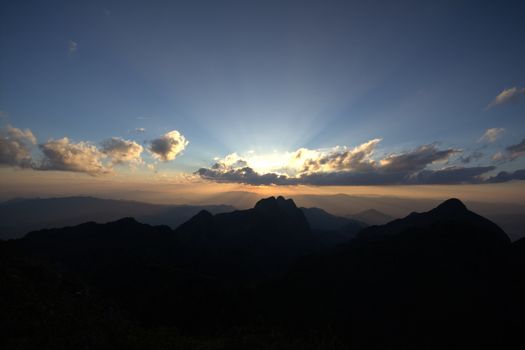 Sunset at the top of the hill at Doi Luang, Chiang Dao, Thailand