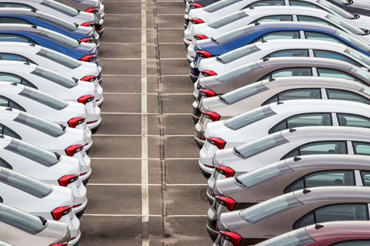 Rows of a new cars parked in a distribution center on a cloudy day in the spring, a car factory. Top view to the parking in the open air.