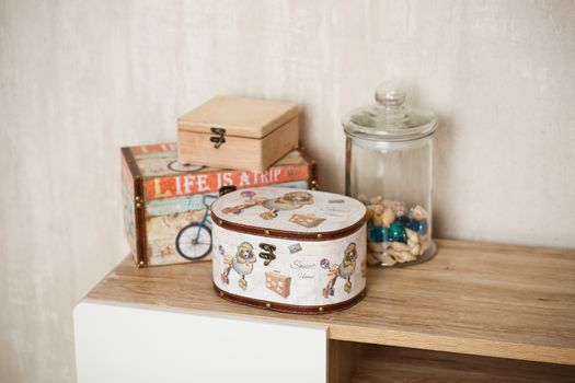 casket for needlework with flower, sewing in style interior