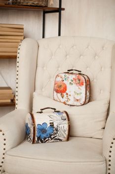 casket for needlework with flower, sewing in style interior