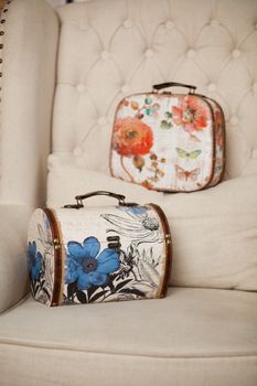 casket for needlework with flower, sewing in style interior