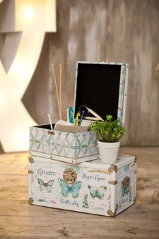 casket for needlework with flower, sewing in style interior