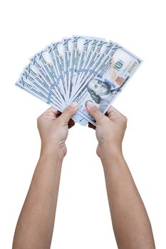hundreds of dollars in rise up hand on a white background
