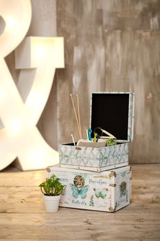 casket for needlework with flower, sewing in style interior