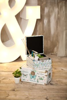 casket for needlework with flower, sewing in style interior