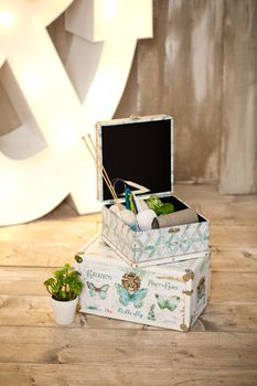 casket for needlework with flower, sewing in style interior