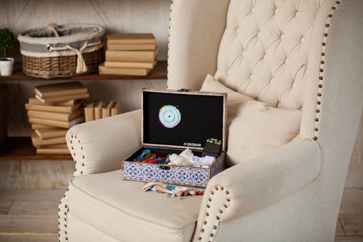 casket for needlework with flower, sewing in style interior