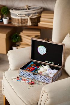 casket for needlework with flower, sewing in style interior