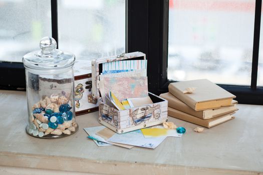casket for needlework with flower, sewing in style interior