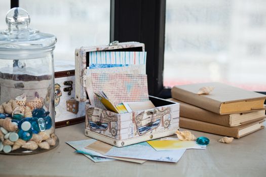 casket for needlework with flower, sewing in style interior