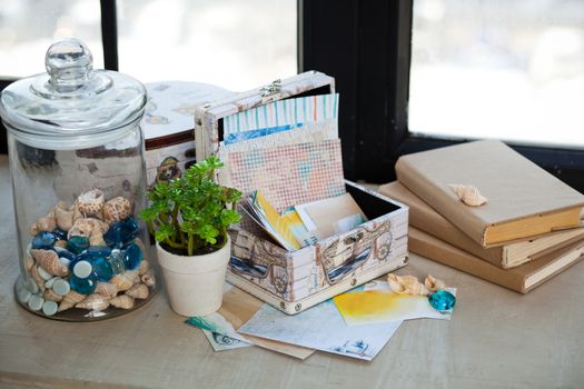 casket for needlework with flower, sewing in style interior