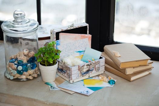 casket for needlework with flower, sewing in style interior