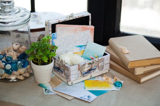 casket for needlework with flower, sewing in style interior