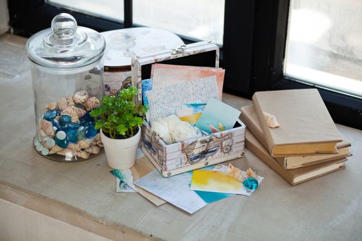 casket for needlework with flower, sewing in style interior
