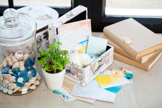 casket for needlework with flower, sewing in style interior