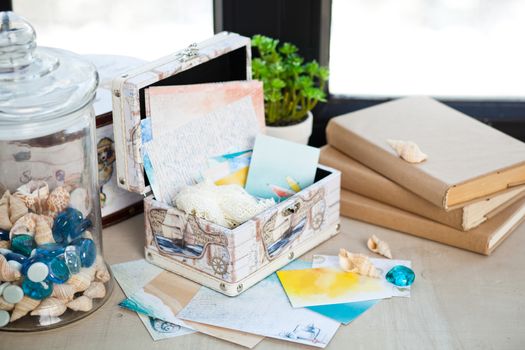 casket for needlework with flower, sewing in style interior