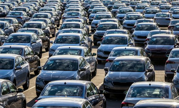 Rows of a new cars parked in a distribution center on a car factory on a sunny day. Top view to the parking in the open air.