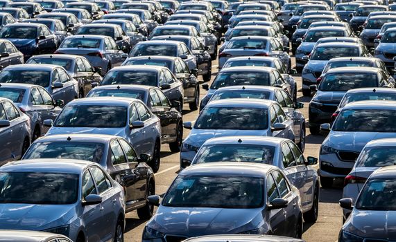 Rows of a new cars parked in a distribution center on a car factory on a sunny day. Parking in the open air.