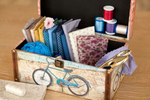 casket for needlework with flower, sewing in style interior