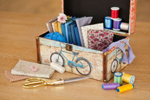 casket for needlework with flower, sewing in style interior