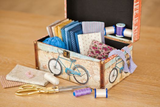 casket for needlework with flower, sewing in style interior