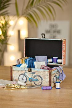 casket for needlework with flower, sewing in style interior