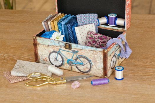 casket for needlework with flower, sewing in style interior