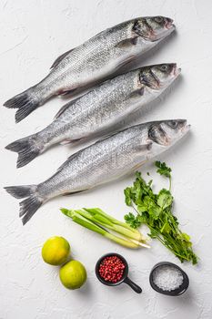 Set of whole raw sea bass with spices and herbs ingredients on chopping board over white textured background top view