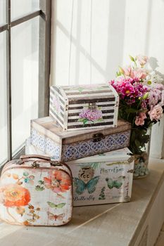casket for needlework with flower, sewing in style interior