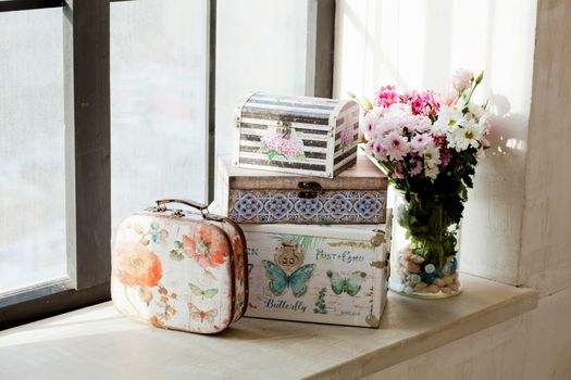 casket for needlework with flower, sewing in style interior