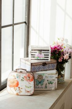 casket for needlework with flower, sewing in style interior