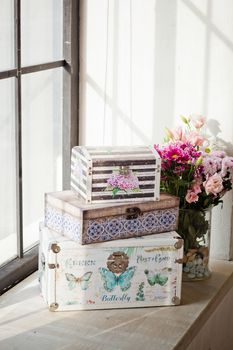casket for needlework with flower, sewing in style interior