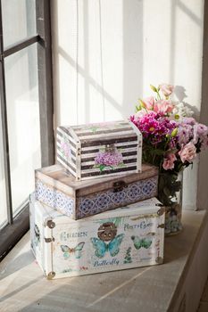 casket for needlework with flower, sewing in style interior