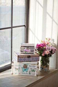 casket for needlework with flower, sewing in style interior