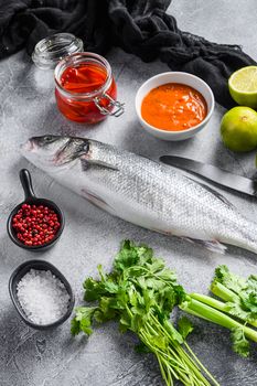 Raw sea bass with spices and herbs ingredients on grey concrete background side view